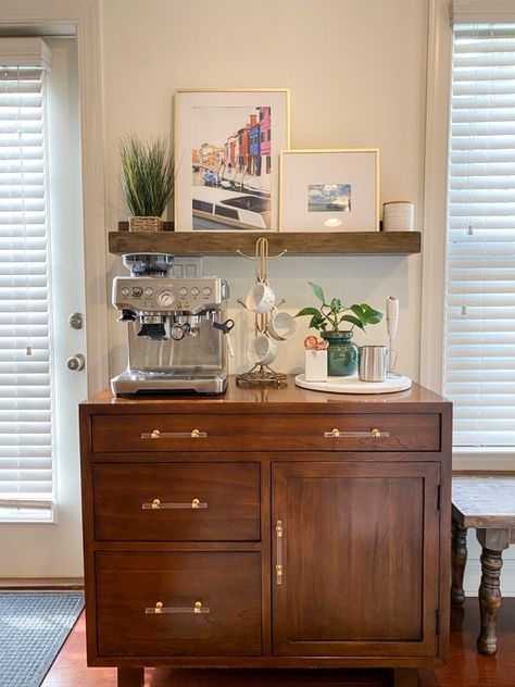 How to Style a Coffee Station - Love Your Abode Dining Room And Coffee Bar, Transitional Coffee Station, Ikea Coffee Station Cabinets, Coffee Station Buffet Table, Coffee Bar In Office Small Spaces, Upstairs Coffee Station, How To Style Coffee Bar, Espresso Nook In Kitchen, Coffee Bar Command Center