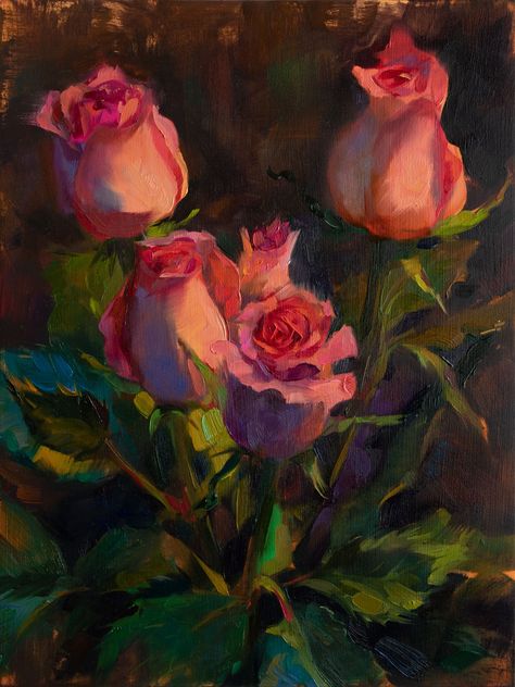 Oil painting of pink roses on a dark background Elena Morozova, Pink Flower Painting, Roses Painting, Rose Oil Painting, Instagram Roses, Tulip Painting, Landscape Art Painting, Beauty Art Drawings, Floral Oil Paintings