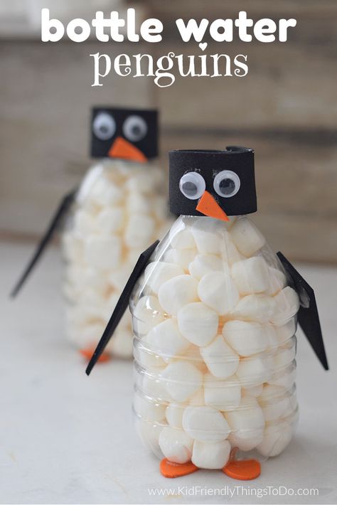 This Water Bottle Penguin Craft is such a cute winter or arctic-themed craft for school - or a cute Christmas craft. It's a fun project and is a cute water bottle craft for kids that's inexpensive, easy, and fun! Kids can easily make these cute little penguins out of recycled water bottles and happily display them all winter long. www.kidfriendlythingstodo.com Penguin Model Project, Water Bottle Penguin, Penguin Water Bottle Craft, Penguin Bottle Craft, Water Bottle Snowman, Preschool Penguin Crafts, Penguin Diy Craft, Emperor Penguin Craft, Water Bottle Crafts For Kids