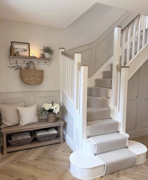 Hallway Panelling Stairs, Hall And Landing Ideas, Cotswold Cottage Interior, Beautiful House Designs, Hallway Stairs And Landing, Cotswolds Home, Cottage Hallway, Cottage House Interior, House Renovation Design