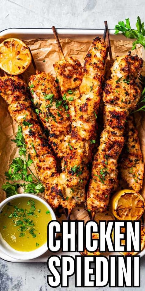 These Italian chicken skewers, also known as chicken spiedini, are made with chicken cubes marinated in white wine, lemon zest, and red pepper flakes. The chicken is then breaded, skewered, and grilled until golden and tender! #chicken #spiedini #italian Crispy Chicken With Italian Sauce, Lemon Butter Chicken Spiedini, Lemon Garlic Butter Chicken Spiedini Allrecipes, Zesty Lemon Pecorino Crispy Chicken, Fried Chicken Skewers, Chicken Tender Marinade Recipes, Chicken Spiedini Air Fryer, Chicken Spedini Recipe Baked, Chicken Spedini Recipe Air Fryer