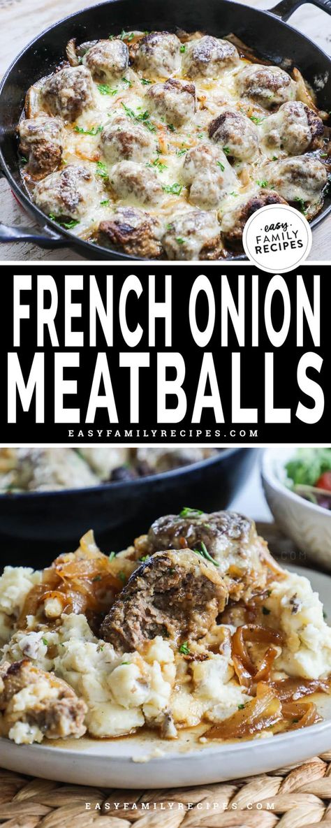 French Onion Recipes Beef, Easy Dinner Recipes With Ground Beef Mashed Potatoes, Dishes To Make With Ground Beef, What To Cook With Meatballs, Easy Dinner With Ground Sausage, French Onion Beef Meatballs, Recipes Using Meatballs Dinners, Ground Beef Recipes Easy Skillet, Dinner Recipes For Family Ground Beef