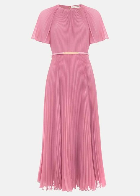 Pleated Material Dress, Wedding Guest Dress Pink, Plain Midi Dress, Gala Outfits, Midi Dres, Fluted Sleeves, Met Gala Outfits, Mom Ideas, Royal Outfits