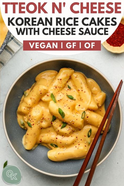 Vegan Cheese Tteokbokki (Cheesy Korean Rice Cakes) - Okonomi Kitchen Rice Cake Recipes Korean, Cheese Tteokbokki, Spicy Cheese Sauce, Okonomi Kitchen, Korean Rice Cakes, Tteokbokki Recipe, Cheesy Rice, Korean Rice Cake, Rice Cake Recipes