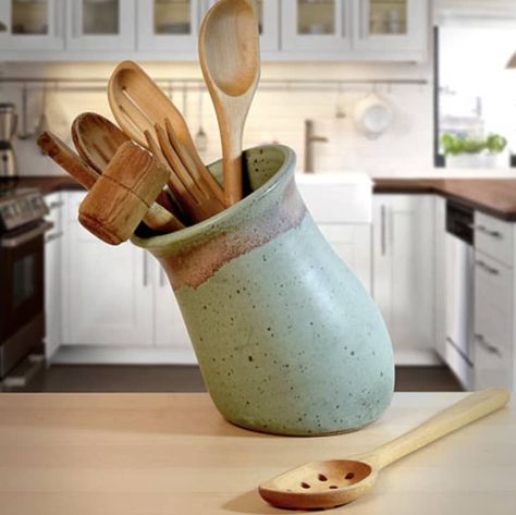 Glaze, Stoneware, Utensil Jar, Pottery Collection, Modern Pottery, Kiln Firing, Pottery Wheel, Spoons, Sage Green