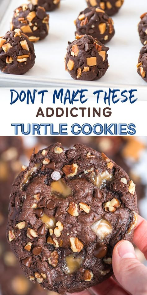 turtle cookies pin with text overlay Chocolate Turtle Cookies, Turtle Cookies Recipe, Chocolate Caramel Cookies, Chocolate Turtle, Resepi Biskut, Turtle Cookies, Resep Diet, Caramel Cookies, Chocolate Caramel