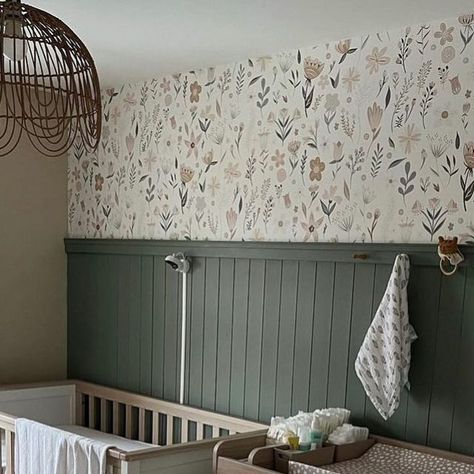 Mama Shack ™ on Instagram: "Nursery Inspo 🌟 we’re in love with the dark green panelled wall and floral paper! Styled with our Taupe Spotty changing mat ❤️  📸 @at_home_with_clo  ✩ ✩ ✩ ✩ ✩ ✩  #nurserydecor #baby #changingmat #nurseryideas #nursery #unisexnursery  #mamashack #cotsheet #muslin #newborn #projectnursery #firsttimemum #changingtable #bohonursery #changingarea #nurseryinspo #nurseryinspiration #babyroom #babyannouncement #nurseryinspo #neutralnurserydecor #nurseryideas #nurserytour #nurseryreveal #woodloodnursery #muslincotsheet #woodlandnursery #woodlandnurserydecor" Shiplap In Nursery, Shiplap And Wallpaper Nursery, Paneled Nursery, Nursery Half Wall Panelling, Nursery Panelling Wall, Green Panelled Wall, Panelled Nursery, Half Panelled Walls, Green Paneling