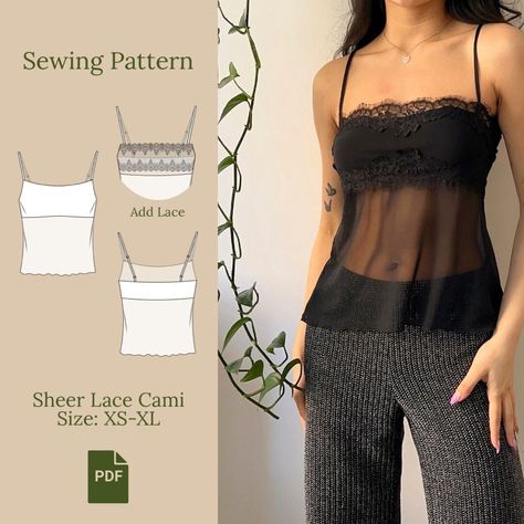 Sheer Lace Cami Sewing Pattern PDF S-XL - Etsy Sheer Top Pattern, Low Rise Mini Skirt Sewing Pattern, Sew Lace Top, Sheer Cami Outfit, Cute Shirt Pattern Sewing, Mesh Top Sewing Pattern, Cami Pattern Sewing, Lace Sewing Patterns, How To Sew Mesh Fabric