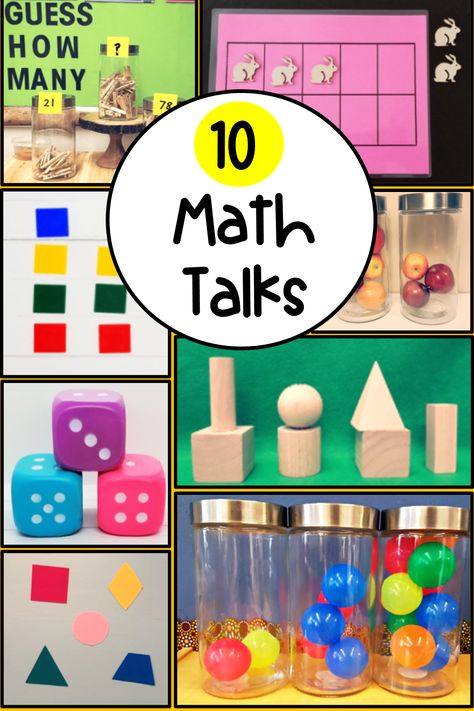 There are 8 pictures in the pin.  Each shows an idea for a kindergarten math talk or activity.  Including, jars with different number of balls and apples, 3D shapes, dice, felt shapes, square tiles and a ten frame with wooden figures on it. Teaching Math To Kindergarteners, Math Enrichment Kindergarten, Hands On Math Kindergarten, Math Concepts For Kindergarten, Number Provocations Kindergarten, Math Art Kindergarten, Kathy Richardson Math Kindergarten, Everyday Math Kindergarten, Prek Math Activities Whole Group