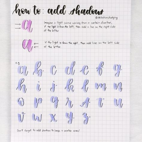 Here's a "How To: Add Shadows"! This was actually requested by someone but I thought to make a whole post to help some people out :") Do dm me if you need further clarification! What other "how to's" should I do? Hoping everyone has a lovely weekend ahead!!! 💓 Alfabet Font, Brush Lettering Practice, Penanda Buku, Bullet Journal Font, Lettering Guide, Journal Fonts, Bullet Journal Notes, Handwriting Alphabet, Hand Lettering Art