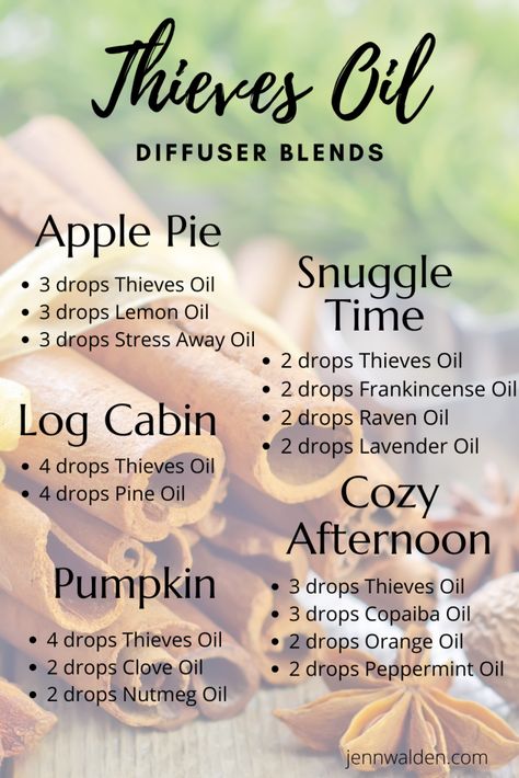 Fall Thieves Diffuser Blends, Thieves Diffuser Recipes, Young Living Essential Oils Recipes Diffuser Fall, Thieves Essential Oil Uses, Thieves Essential Oil Blends, Apple Pie Essential Oil Blend, Thieves Essential Oil Diffuser Blends, Candle Scents Recipes Essential Oils, Fall Essential Oil Blends Young Living