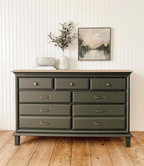 Sierra Dudley • Restless & Refurbished on Instagram: “S O L D • I’m a huge fan of green, all the green tones, and most the shades it comes in!! But if you asked me what my very favorite shade…” Moss Green Nightstand, Sage Green Dresser Gold Hardware, Dark Green Dresser Diy, Green Dresser In Bedroom, Stained Top Dresser, Two Tone Green Dresser, Dark Green Dresser Makeover, Earth Tone Dresser, Deep Green Dresser