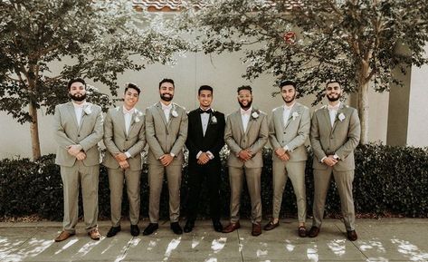 Groomsmen Jeans, Tan Groomsmen Suits, Groomsmen Attire Black, Tan Groomsmen, Groomsmen Attire Ideas, Catalina Wedding, Bridal Party Colors, California Coast Wedding, Bride Outfit Ideas