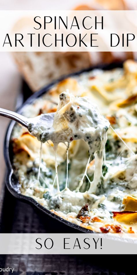 This super easy Spinach Artichoke Dip is cheesy, full of flavor, and SO quick to whip up for your next gathering! Coco Recipes, Crockpot Spinach Artichoke Dip, Hot Spinach Artichoke Dip, Crockpot Spinach, Cheesy Spinach Artichoke Dip, Spinach Artichoke Dip Easy, Superbowl Recipes, Best Spinach Artichoke Dip, Hors Devours