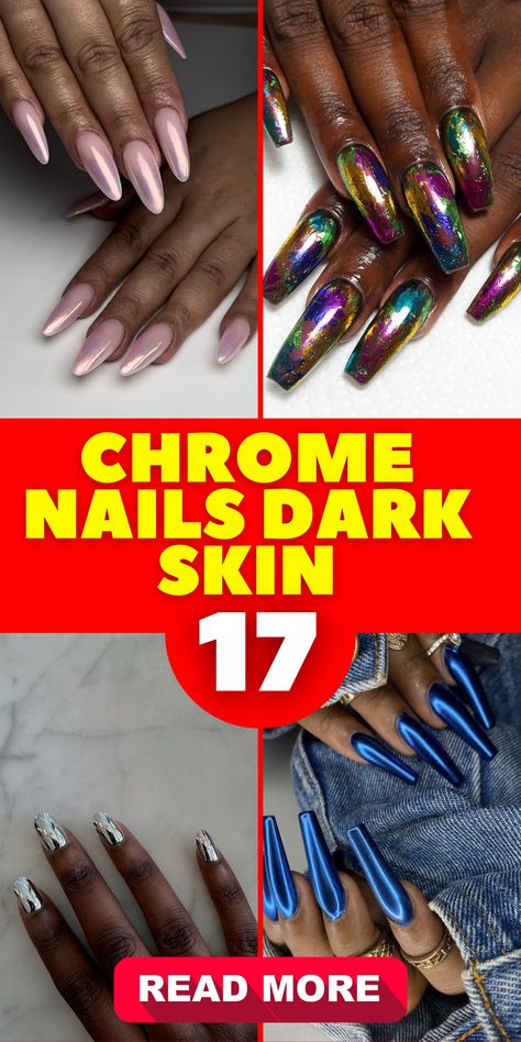 Enhance your natural beauty with stunning chrome nails for dark skin. Whether you prefer short or long nails, these chic designs will complement your skin tone beautifully. Experiment with captivating colors like pink, white, brown, purple, and red in a gorgeous chrome finish. Add a touch of glamour with silver or black accents, or opt for a subtle pearl effect. These chrome nails for dark skin will make a stylish statement in 2023. Nail Ideas For Dark Skin, Chrome Nail Colors, Chrome Nail Ideas, Ombre Chrome Nails, Metallic Nails Design, Gold Chrome Nails, Chrome Nail Polish, Chrome Nail Art, Chrome Nails Designs