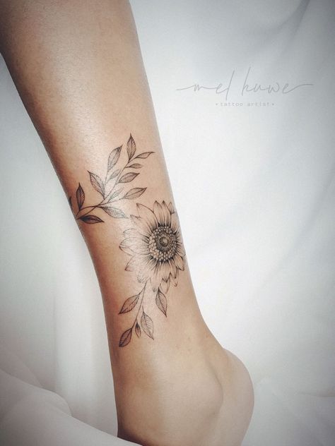 Sunflower Tattoo Wrist Wrap Around, Sunflower Band Tattoo Design, Sunflower Wrap Tattoo, Sunflower Tattoo With Vines, Sunflower Wrist Wrap Tattoo, Sunflower Wrist Tattoo Bracelet, Sunflower Tattoo Arm Simple, Sunflower Anklet Tattoo, Sunflower Book Tattoo