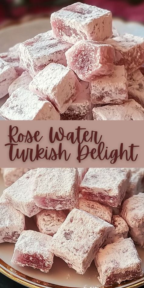 Rose Water Turkish Delight is a classic Middle Eastern confection known for its soft, chewy texture and delicate floral notes. 🌹🍬 This elegant and timeless treat is perfect for special occasions or as a unique homemade gift. 📌 Save this pin to make a batch of traditional rose water Turkish delight and share its sweet, floral flavor! #TurkishDelight #MiddleEasternDesserts #HomemadeSweets #RoseWater #TraditionalRecipes #ElegantTreats Batch Christmas Gifts, Rose Water Desserts, Turkish Delight Recipes, Turkish Delights Recipe, Turkish Delight Cocktail, Rose Turkish Delight Recipe, Delight Dessert Recipe, Rose Water Drink, How To Make Turkish Delight