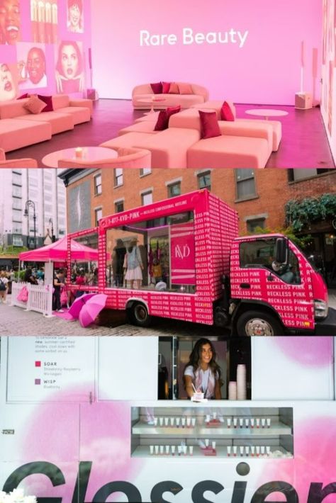 Brands like Glossier, KVD Beauty, and Make Up For Ever have been hosting fun product launch activations and mobile pop-ups. Beauty Festival Event, Pop Up Branding, Fashion Event Ideas, Beauty Brand Activation, Beauty Pop Up, Glossier Event, Beauty Activation, Make Up Branding, Mco Beauty