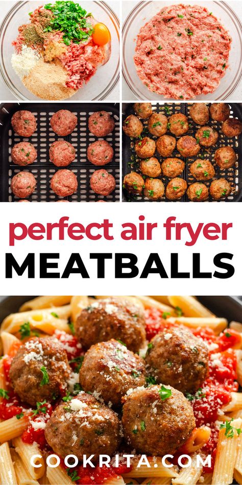 Ground beef and pork are mixed with bread crumbs, Parmesan, and Italian seasoning to create these tender and juicy air fryer meatballs! Perfect for any meal. #JuicyMeatballs #AirFryer #BeefAndPork #ItalianSeasoning #Delicious Ground Pork Meatballs, Best Italian Meatball Recipe, Air Fryer Beef, Air Fryer Meatballs, Ground Beef Meatballs, Italian Meatballs Recipe, Beef And Pork, Healthy Ground Beef, Pork Stir Fry