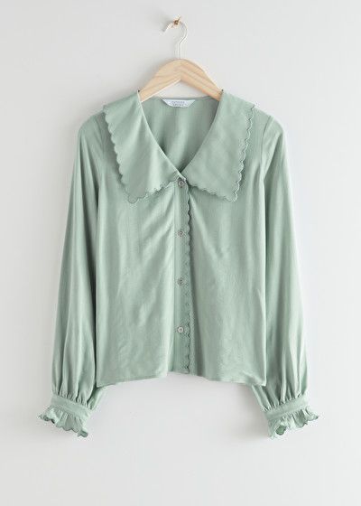 Light Green Blouse, Scallop Collar, Statement Collar, 카드 디자인, Fashion Tops Blouse, Chic Blouses, Fashion Capsule, Top Shirt Women, Collar Top