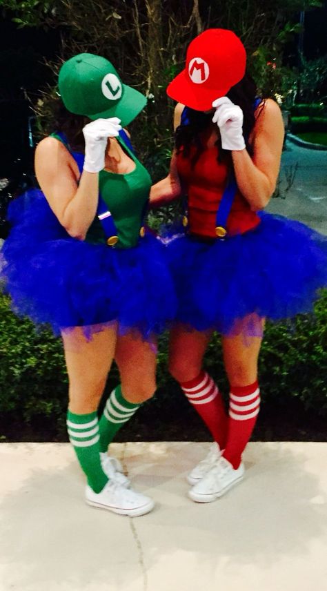 Mario and Luigi Costume for women Halloween Custome Ideas For Best Friends, Mario And Luigi Dress Up, Womens Luigi Costume, Mario Women Costume, Diy Mario And Luigi Costume For Women, Womens Mario Costume, Best Friend Halloween Costume Ideas For 2, Duo Halloween Costumes Mario And Luigi, Diy Mario Costume For Women