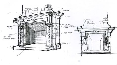 fireplace design sketch by DM Fireplace Illustration, Fireplace Paint, Fireplace Vintage, Fireplace Design Ideas, Fireplace Drawing, Tv Over Fireplace, Cottage Fireplace, Fireplace Beam, Fireplace Update