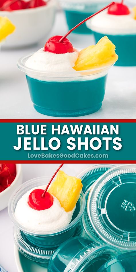 Blue Hawaiian Jello Shots pin collage Hawaiian Jello Shots, Blue Hawaiian Jello Shots, Blue Jello, Jelly Shots, Dessert Shots, Jello Shot Recipes, Shot Recipes, Best Comfort Food, Jello Shots