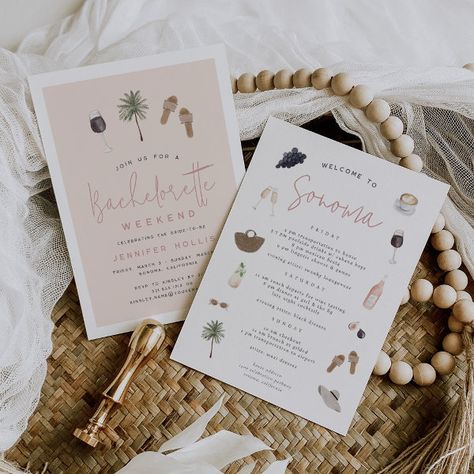 Wine Country Bachelorette Weekend Itinerary & Invitation Wine Country Bachelorette, Lingerie Shower Games, Boho Bachelorette, Country Bachelorette, Itinerary Invitation, Bachelorette Weekend Itinerary, Bachelorette Party Destinations, Bachelorette Weekend Invitations, Wedding Announcement Cards