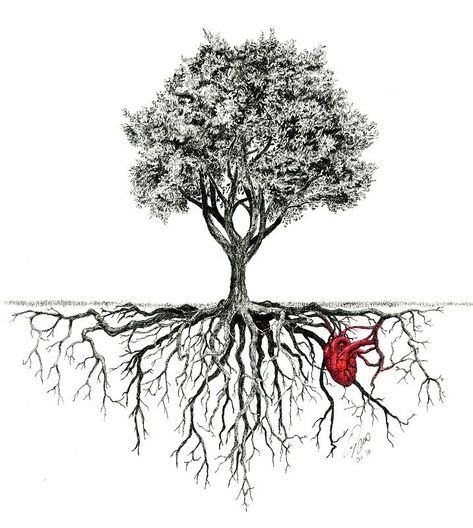 Tree With Roots, A Drawing, A Tree, Red, Color