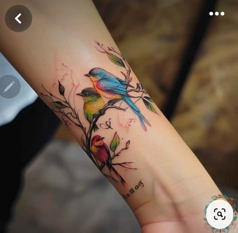 Unique Bird Tattoos For Women, Bird Tattoos For Women Wrist, Tattoo Classic Art, Unique Bird Tattoos, Beautiful Wrist Tattoos For Women, Bird Tatoos Woman, Bird Sleeve Tattoo Women, Birds On A Branch Tattoo, Bird Tattoo Color