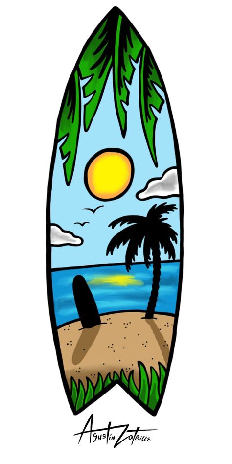 Paradise board #beach #board #surfart #art #sketch #surf Kawaii, Surf Board Cartoon, Beach Cartoon Drawing, Hawaii Drawing Ideas, Surf Board Drawing, Beachy Drawings, Surfing Drawing, Surfer Illustration, Surfboard Drawing