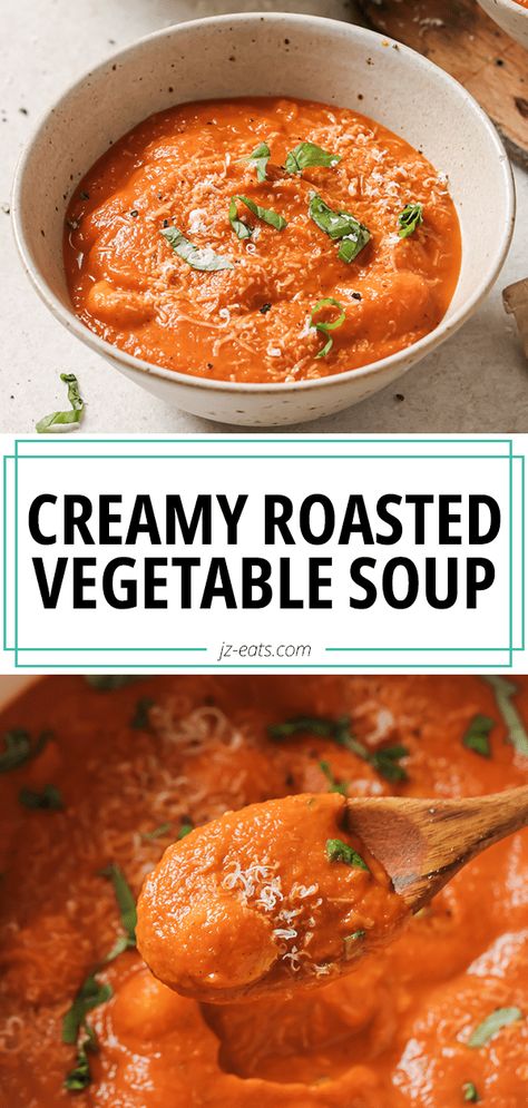 roasted vegetable soup on a wood spoon Roasted Vegetables Soup Recipe, Roasted Veg Soup Recipes, Vegan Cream Soup, Creamy Roasted Vegetable Soup, Roasted Vegetable Soup Recipes, Roasted Vegetables Soup, Roast Vegetable Soup, Roasted Veg Soup, Roast Vegetable Soup Recipe