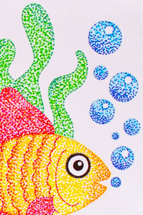 Happy Birthday to Georges Seurat! If you're 'fishing around' for a fun way to celebrate, check out our Seurat inspired craft — it's any day art with everyday materials. Consider it your creative catch of the day! #fineartfunart #artsandcrafts #markerart Marker Dot Art, Pointalism Art For Kids, Pointillism Art Easy, Pointillism Art For Kids, Pointalism Art Ideas, Pointalism Art Easy, Fish Dot Art, Pointillism Easy, Dot Drawing Ideas