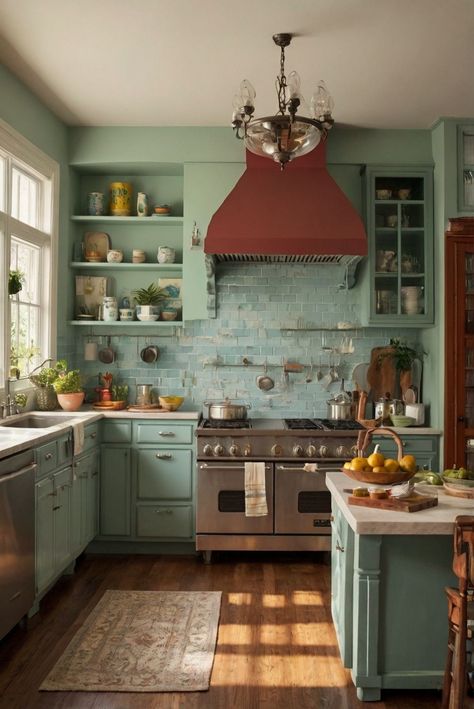 kitchen design, retro kitchen decor, vintage kitchen ideas, retro-inspired kitchen design Colorful Farmhouse Kitchen, Old Kitchen Vintage, Minimalist Scandinavian Living Room, Kitchen Color Ideas, Colorful Farmhouse, Retro Rooms, Kitchen Colour Combination, Fall Furniture, Vintage Inspired Kitchen