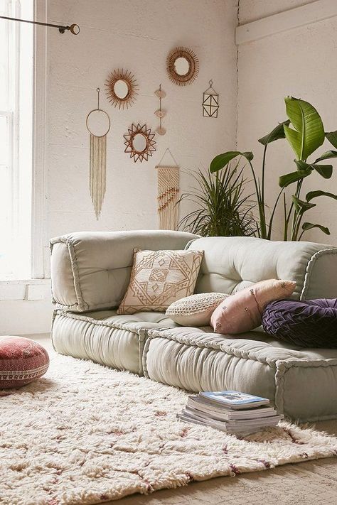 Gorgeous boho style lounge room - I love the floor cushion, the wall hangings and the large rug on the floor. Reema Floor Cushion, Sala Zen, Bench Design, Interior Boho, Zen Room, Boho Styl, Design Salon, Floor Seating, Styl Boho