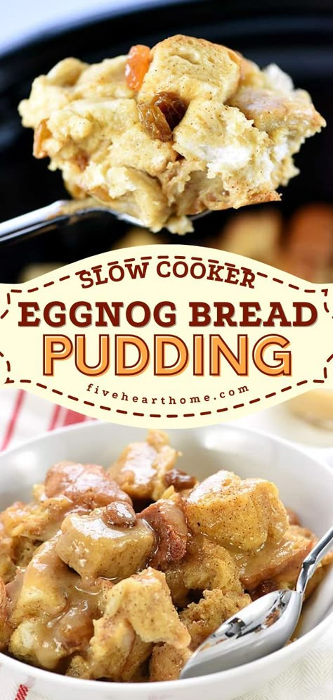 Slow Cooker Eggnog Bread Pudding, christmas brunch, sweet breakfast ideas Christmas Bread Pudding, Super Easy Slow Cooker Recipes, Eggnog Bread Pudding, Brunch Christmas, Eggnog Bread, Slow Cooker Christmas, Oatmeal Baked, Recipe For A Crowd, Eggnog Recipes