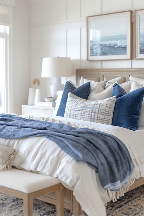 130+ Serene Coastal Bedroom Decor Ideas White Bedding Ideas Pop Of Color Blue, Coastal Bedding Ideas, Coastal Bedroom Colors, Obx House, Costal Farmhouse, Coastal Rooms, Modern Coastal Bedroom Ideas, Coastal Farmhouse Bedroom, Coastal Bedroom Decor