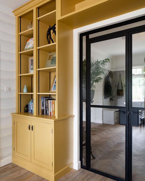 Yellow Bookshelves, Armac Martin, Ceiling Storage, Storage Units, Centre Stage, Yellow Mustard, Built Ins, Black And Gold, Tall Cabinet Storage