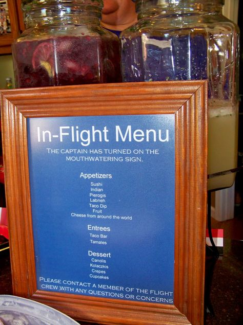 In Flight Menu | Menu for Travel Themed Bridal Shower Take Flight Party Theme, Last Flight Bachelorette, Flight Attendant Retirement Party, Travel Theme Gala, Flight Attendant Birthday Theme, Flight Attendant Wedding Theme, Airplane Theme Wedding, Travel Theme Dinner Party, Travel Party Theme Food