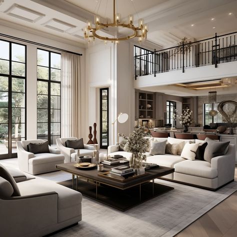 Neo Classic Home Design, Living Room With Tall Walls, Bedroom Modern Rustic, House With Tall Windows, Contemporary Interior Design Living Room Open Concept, Great Rooms Modern, Classic Coffee Table Decor, Large Formal Living Room Ideas, European Modern Living Room