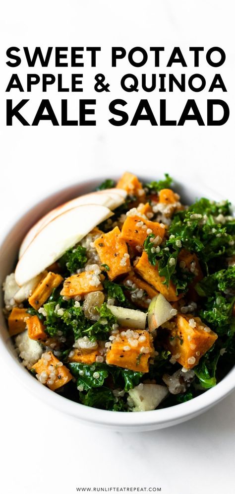 This flavorful sweet potato apple kale and quinoa salad proves that salads don't have to be bland. Loaded with flavor from fresh ingredients – this quinoa salad makes for a satisfying lunch or quick dinner! #quinoasalad #powersalad #quinoarecipes #quinoasaladrecipes #quinoasaladmealprep quinoasaladrecipeshealthy Kale And Quinoa Salad, Easy Quinoa Salad, Sweet Potato Apple, Mexican Quinoa Salad, Kale And Quinoa, Quinoa Kale, Kale Quinoa Salad, Power Salad, Sweet Potato And Apple