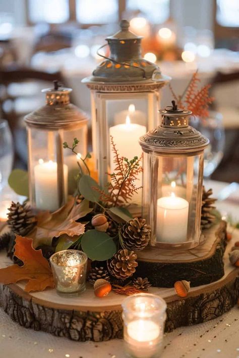 Fall November Wedding, Indoor Earthy Wedding, Hobbit Themed Thanksgiving, Fall Decorations Wedding, Easy Fall Wedding Table Decor, Fall Twilight Wedding, Acorn Centerpiece Table Decorations, Non Flower Centerpieces Wedding Fall, Cute Wedding Decor Ideas