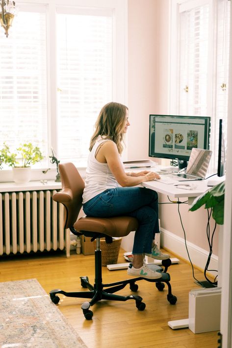 If you do decide to order the Fully Capisco Chair, I highly recommend you get the Step Up footrest attachment. You can also order the Footring, but I like the StepUp best. You’ll appreciate having something to rest your foot on either way. Wfh Office Standing Desk, Chair For Standing Desk, Office With Stand Up Desk, Counter Height Desk Chair, Office Chair With Footrest, Sit To Stand Desk Office, Sit Stand Desk Home Office Layout, Home Office With Standing Desk, Best Desk Chair