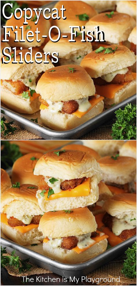 Baking sheet of Filet-O-Fish Sliders Homemade Filet O Fish, Fish Sliders Recipes, Filet O Fish Sandwich Recipe, Filet O Fish Sandwich, Seafood Sliders, Filet O Fish Recipe, Fish Sliders, Fish Appetizers, Fish Sandwich Recipes