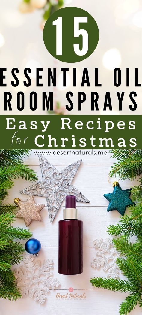 Christmas tree branches with glittery star ornaments and text 15 Essential Oil Easy Christmas Spray recipes Christmas Room Spray Essential Oils, Holiday Room Spray, Homemade Room Spray, Essential Oil Room Spray, Christmas Sprays, Christmas Room Spray, Essential Oil Spray Recipes, Room Spray Recipe, Diy Christmas Room