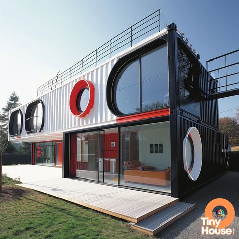 Check out this stunning shipping container house! The ultra-modern design with a mix of white, red, blue, black and gray colors is pure inspiration.  Planning your own container house? Share your ideas below! #ContainerHouse #DesignInspo #TinyLiving #DreamHome Shipping Container Mural, House Share, Shipping Container Architecture, Small Modern House Plans, Tiny House Exterior, Shipping Container Home Designs, Cabin Tiny House, Shipping Container House Plans, Classic House Exterior