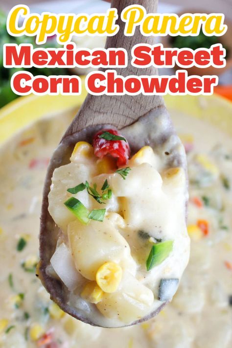 Learn how to make a knockoff of the new (and very yummy) Street Corn Chowder from the summer Panera Bread menu. via @foodhussy Street Corn Chowder Crockpot, Copycat Panera Corn Chowder, Panera Mexican Street Corn Soup, Panera Street Corn Chowder Recipe, Street Corn Soup Recipe, Panera Summer Corn Chowder Recipe, Copycat Restaurant Recipes Panera Soups, Mexican Corn Chowder Soup, Panera Bread Soup Recipes