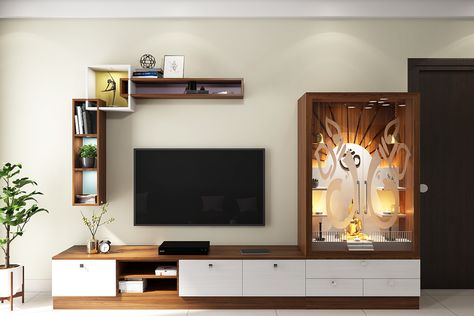 Small Tv Unit With Puja Unit, Pooja Room Attached With Tv Unit, Tv Panel With Mandir, Tv Unit With Puja Unit Modern, Tv Unit With Mandir Design Modern, Tv Unit Wall Design Living Room, Tv Unit Plus Mandir, Tv Unit With Pooja Unit Design, Tv Cabinet With Pooja Unit