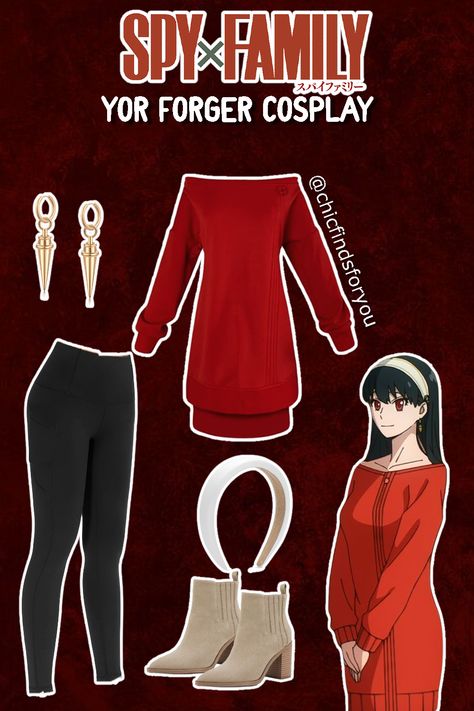 Spy Family Outfits, Yor Spy X Family Outfits, Yor Forger Outfit Ideas, Yor Forger Cosplay Red Sweater, Anime Closet Cosplay, Easy Anime Cosplay Ideas, Spyxfamily Cosplay, Spy Family Cosplay, Spyxfamily Manga