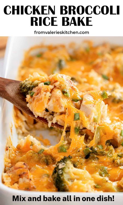 This Chicken Broccoli Rice Bake requires very little prep and is mixed and baked all in one dish. This easy casserole is an excellent choice for a busy day. Best Broccoli Chicken Rice Casserole, Broccoli Rice And Cheese Chicken Casserole, Chicken Cheese Broccoli Rice Casserole, Knorr Chicken Broccoli Rice Casserole, Chicken Brocolli Rice, Chicken Broccoli Rice Bake, Broccoli Rice Bake, Chicken Rice And Broccoli Casserole, Chicken Rice Broccoli Casserole